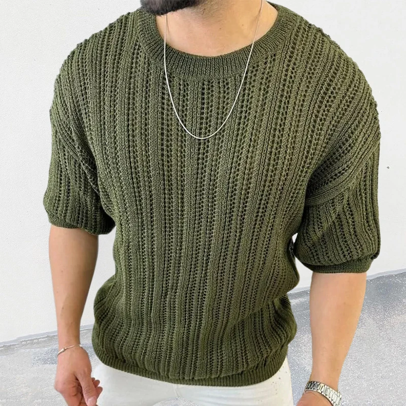 

Повседневные вязаные топы с коротким рукавом для мужчин, однотонные свободные футболки с круглым вырезом, модная простая уличная одежда для отдыха, весна-лето