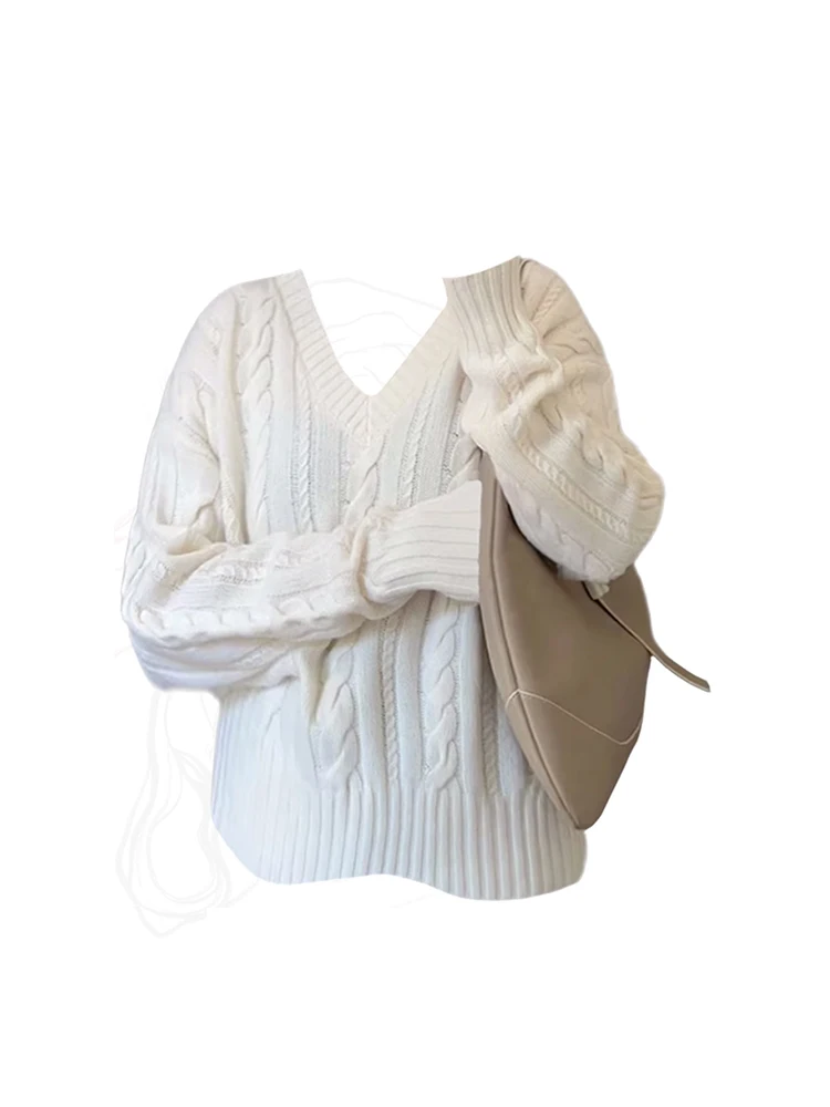 

Модный простой классический вязаный свитер в Корейском стиле, винтажный мешковатый джемпер с V-образным вырезом и длинным рукавом, Универсальный Белый шикарный Mori Girl, новый тренд