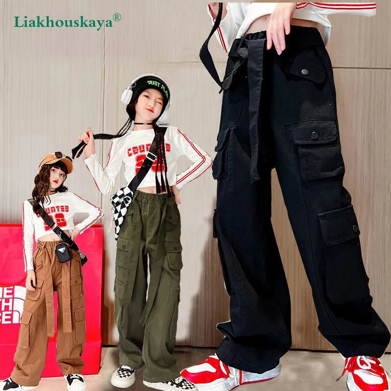 

Girls Cargo Trousers Spring Fashion Teen Oversize Pants With Belt Pockets Harajuku Vintage Loose Straight Fall Kids Clothes