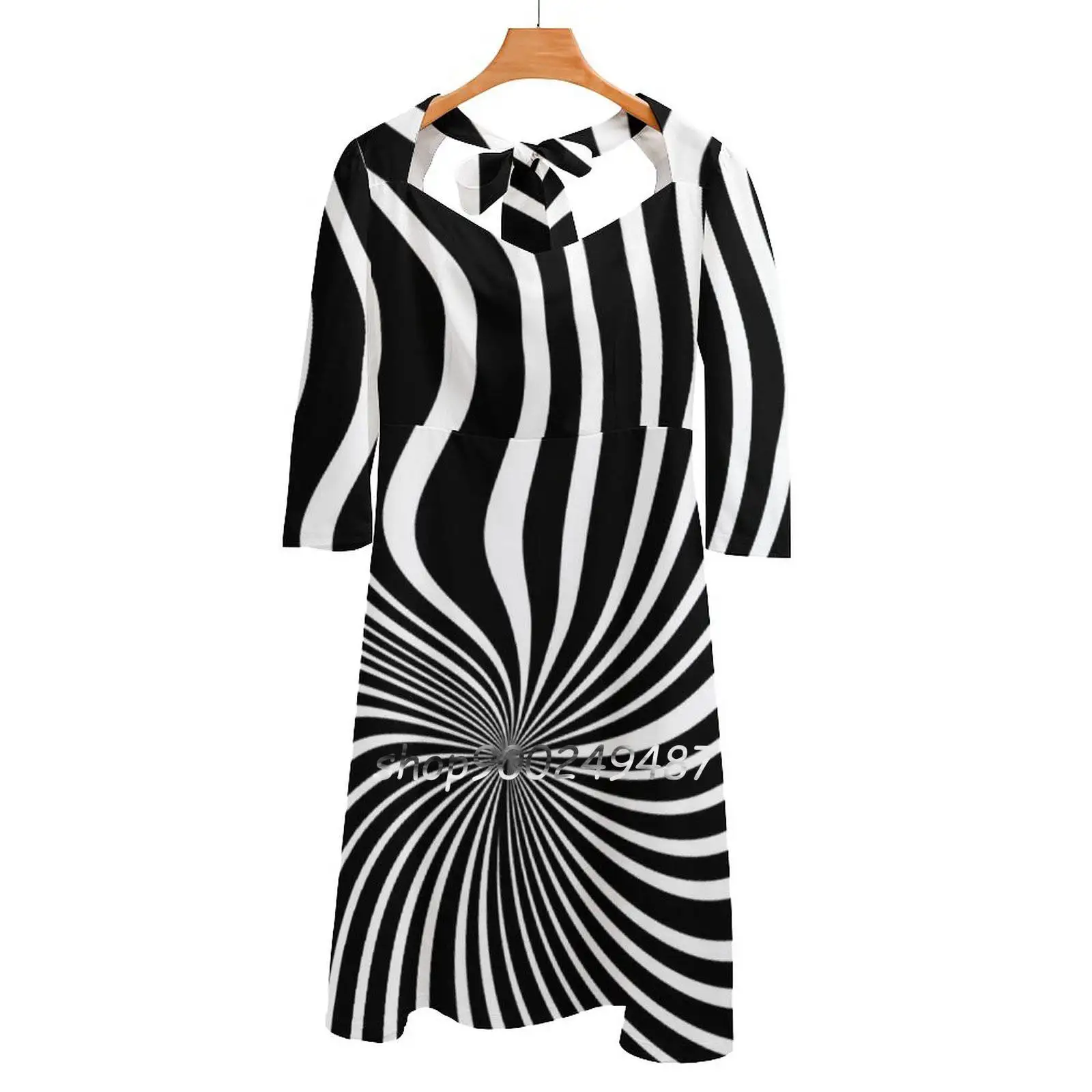 

60'S Op Art Black And White Square Neck Dress Cute Loose Print Dresses Elegant Beach Party Dress Uk Britain British Great
