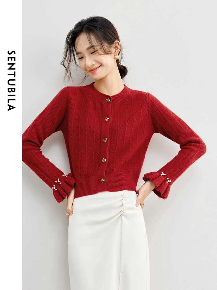 SENTUBILA весенний вязаный укороченный кардиган с круглым вырезом и