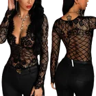Новый Модный женский черный зеркальный прозрачный комбинезон с длинным рукавом и глубоким V-образным вырезом, женские элегантные топы, черный комбинезон