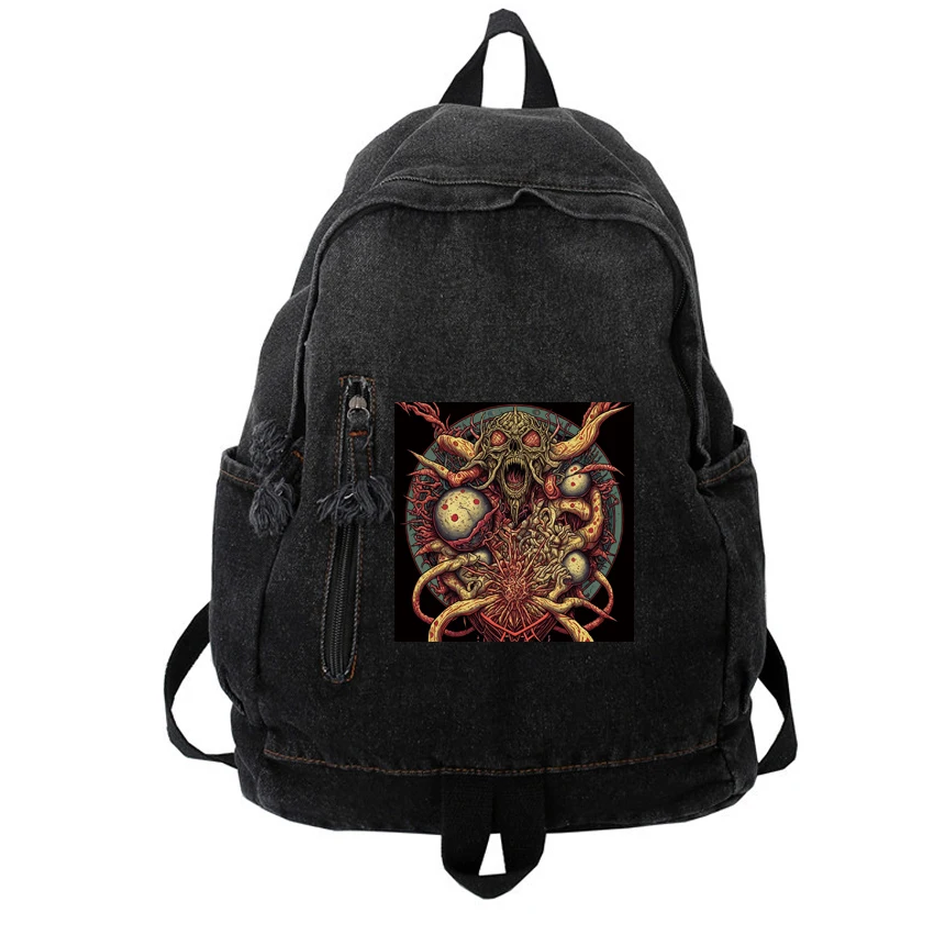

New Washed Denim Backpack Women's Men Leisure Travel Outing Female Schoolbags Suitable Boys Girls Unisex Monsters Skull Printed