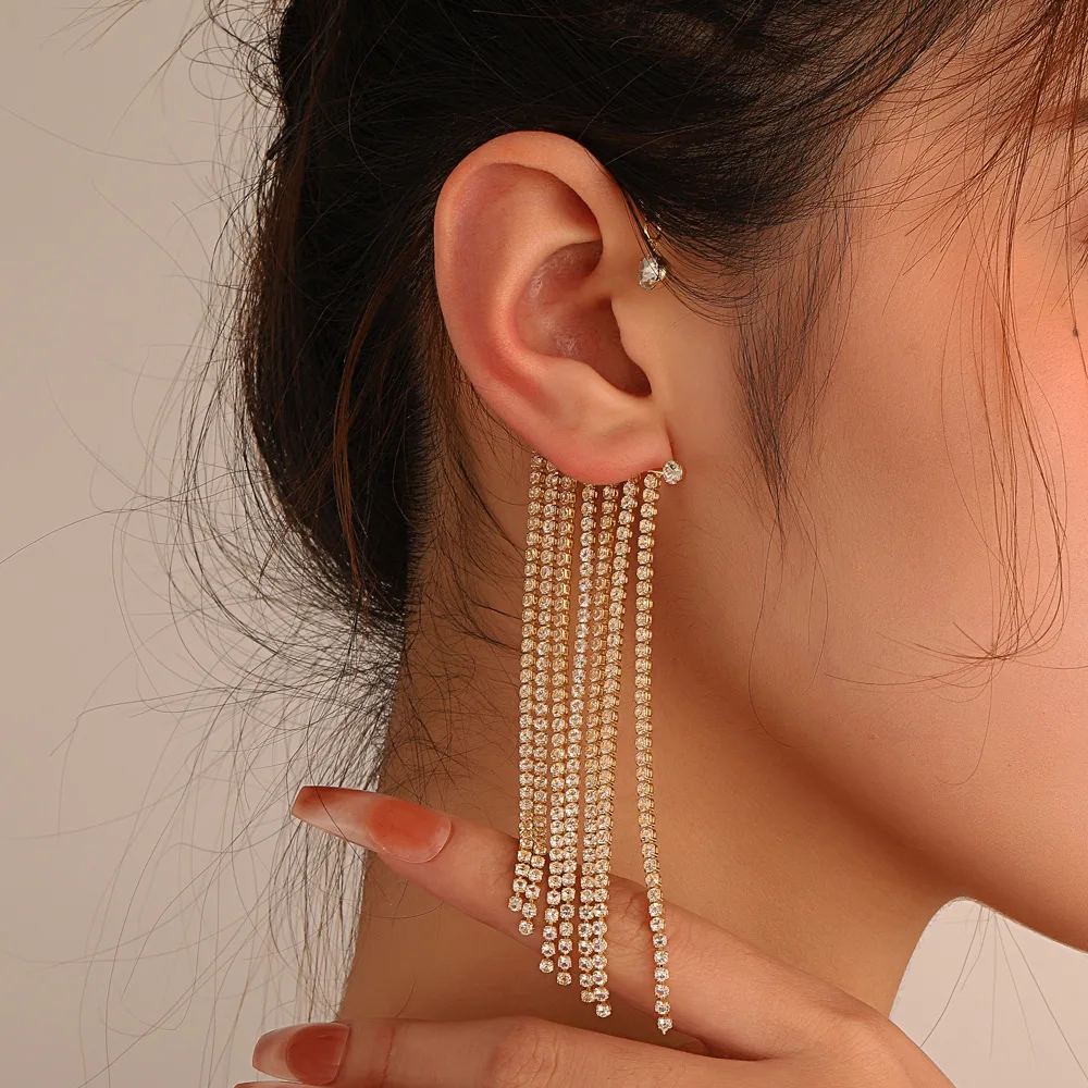 

New Luxury Crystal Long Tassel Statement Dangling Earrings Without Piercing Ear Cuff Women Bridal Party Wedding Jewelry Gifts