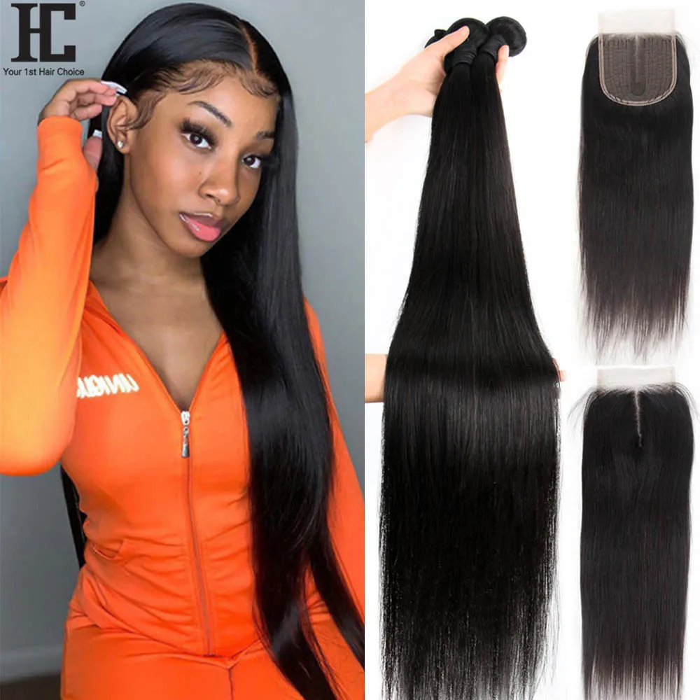 40" Straight Weave Bundles With Closure 5x5 Lace Part Closure With 3 4 Bundles Brazilian 100% Human Hair Extensions With Closure