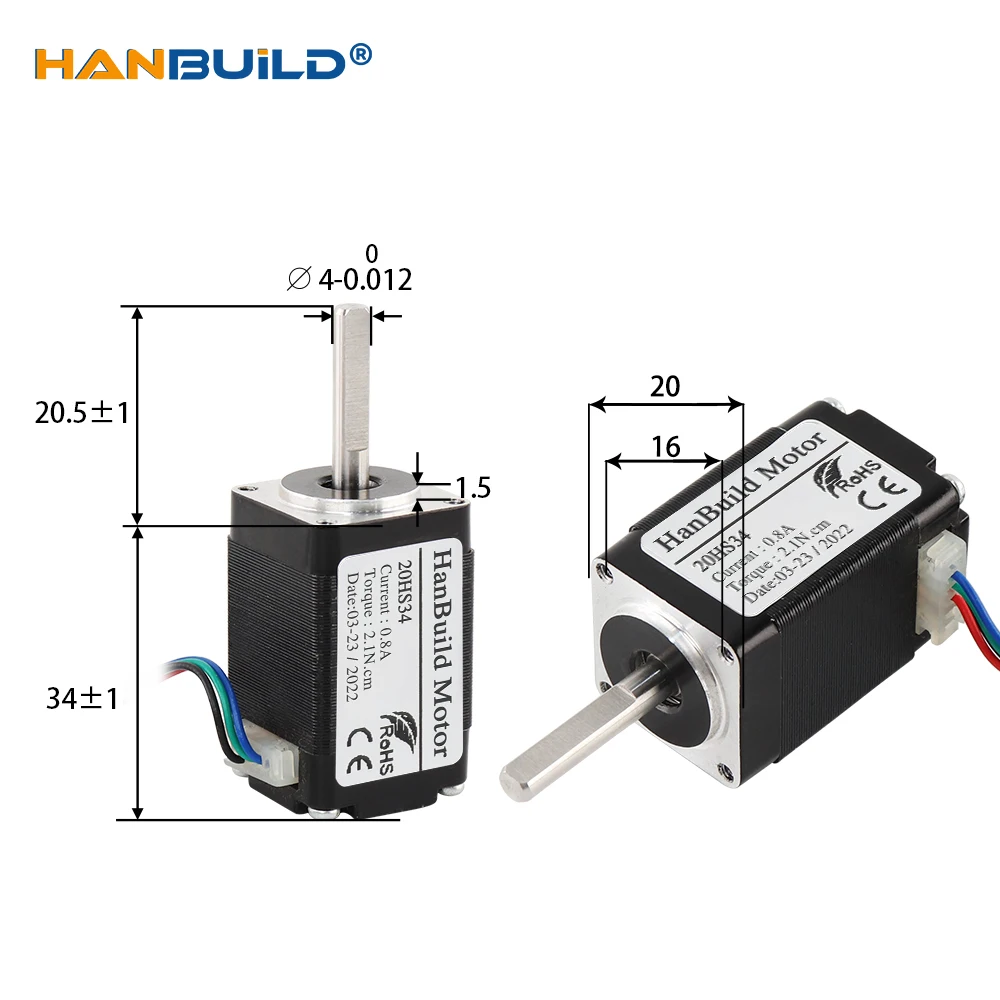 Шаговый двигатель Nema8 20HS34 0.8A 21mN.m 34 мм 20 серии 12 В для фрезерного станка с ЧПУ