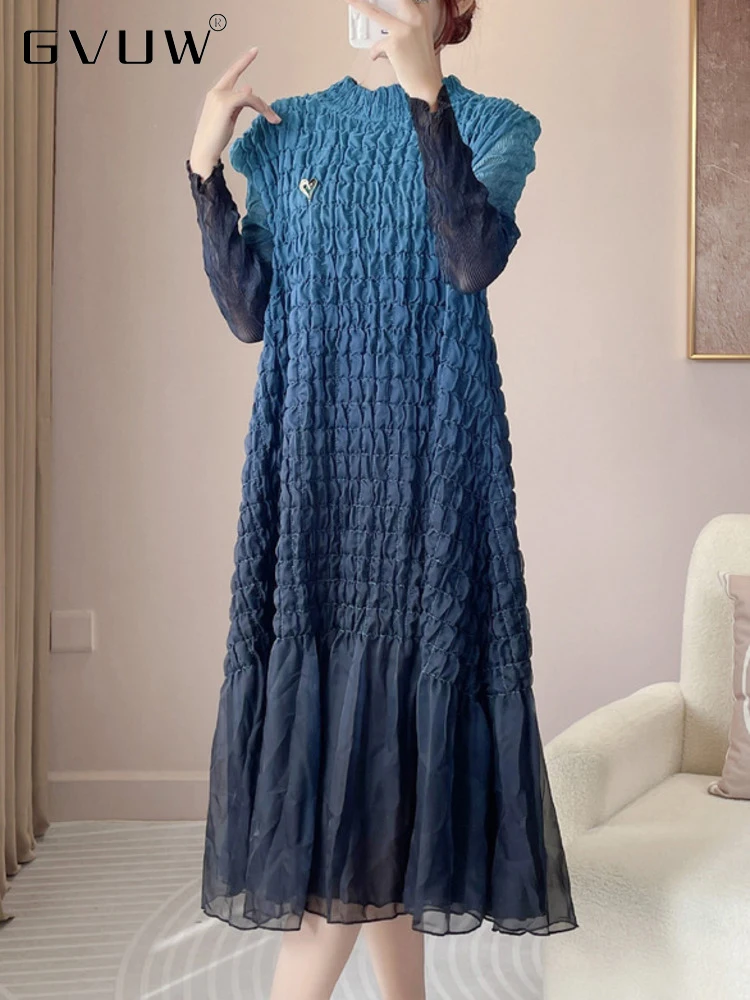

GVUW Gradient Pleated Mid-length Dress For Women O Neck Long Sleeve Loose Casual 2023 Spring New Female Fashion Clothing 17G0636