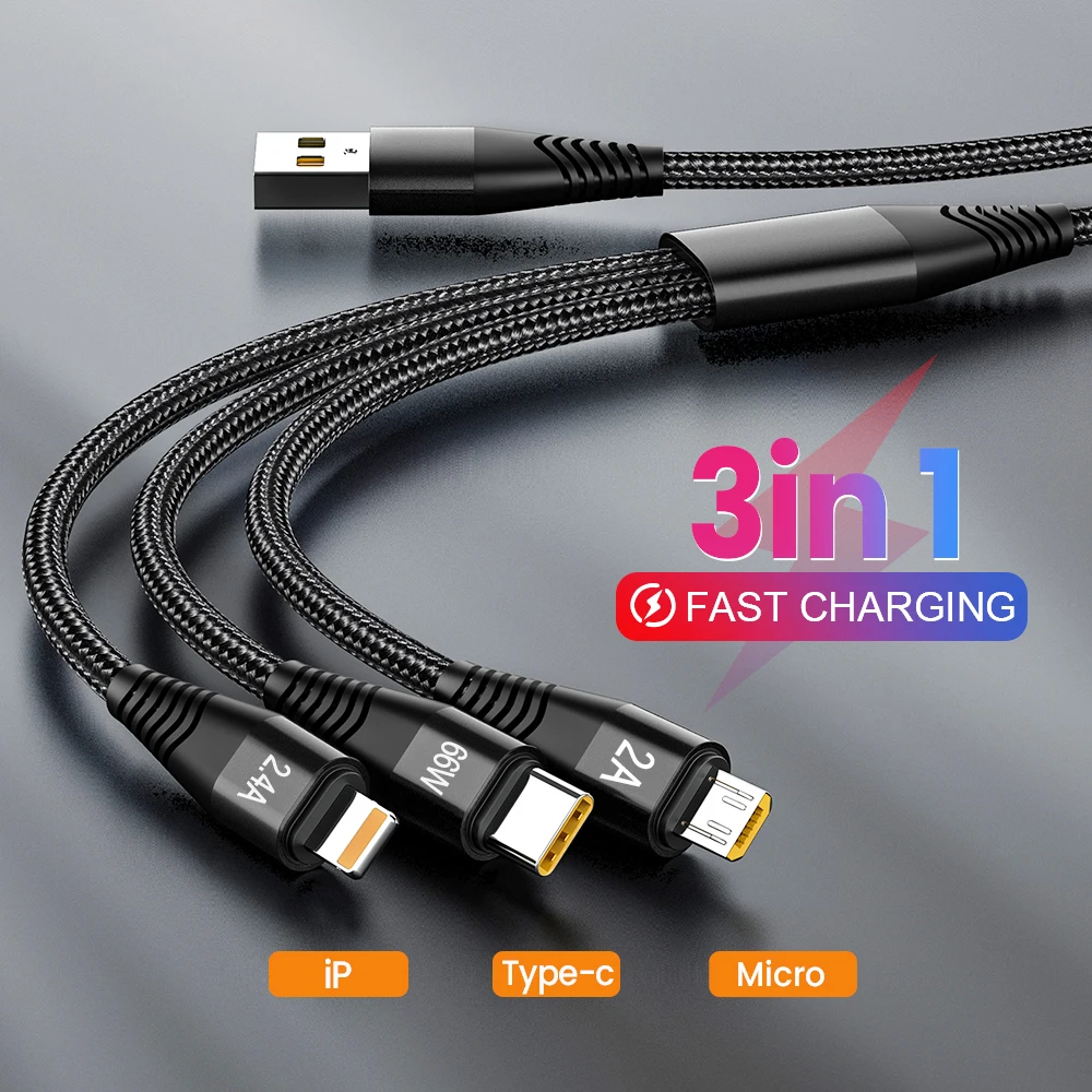 

USB-кабель 3 в 1 для iPhone 13, 12 Pro, XS Max, XR, X, 8, 7