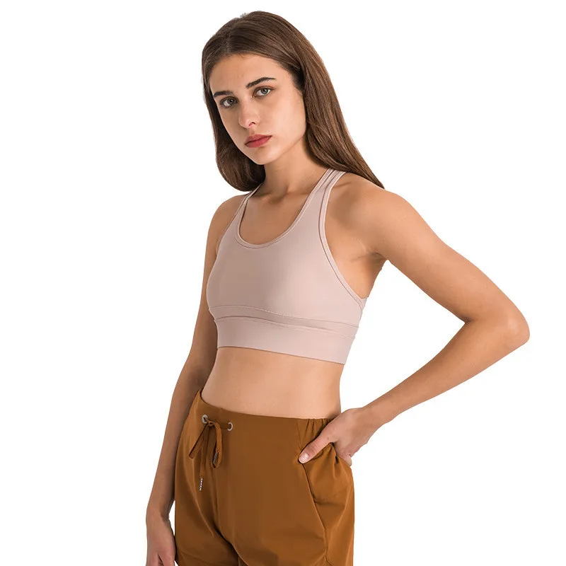 Solid Color Women Fitness Bra Highstrength Buckle Adjustmen Sports Tank Crop Top Yoga Vest Female Gym Fixed Chest Pad Breathable