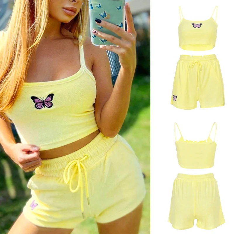 

Women's New Fashion Terry Cloth Butterfly Camisole Shorts Suit 2-Piece Yellow