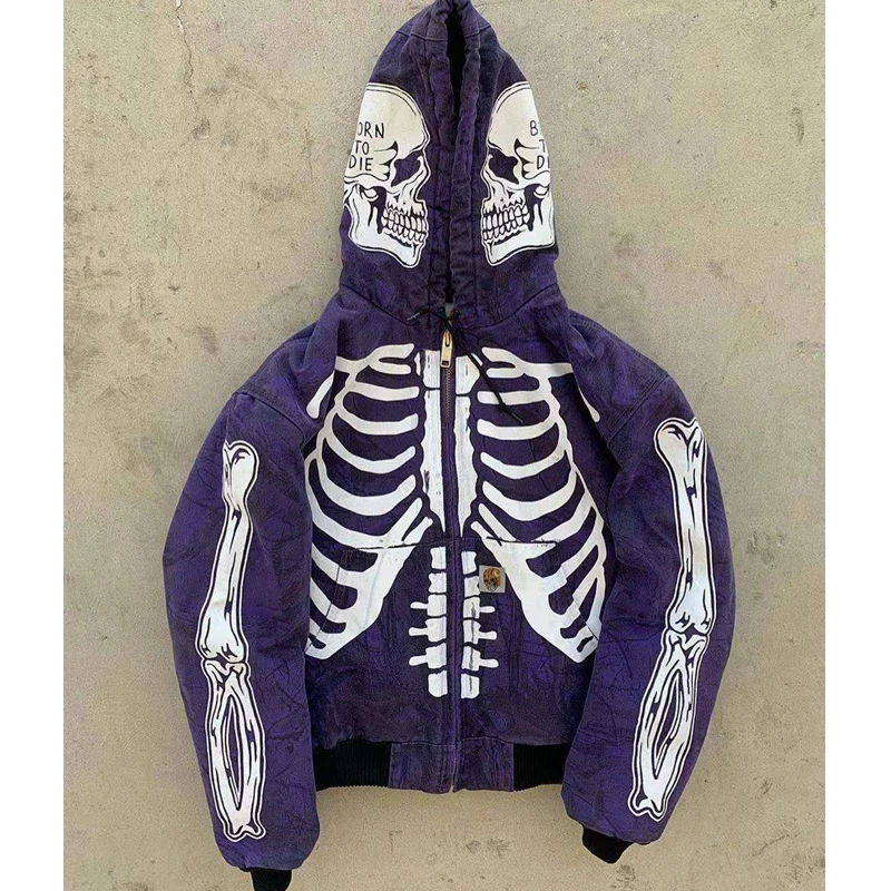 

Men Sweatshirt Hoodies Spring Autumn Skull Print Baggy Coat Streetwear Vintage Punk Men Long Sleeve Zipper Hooded Hoodies