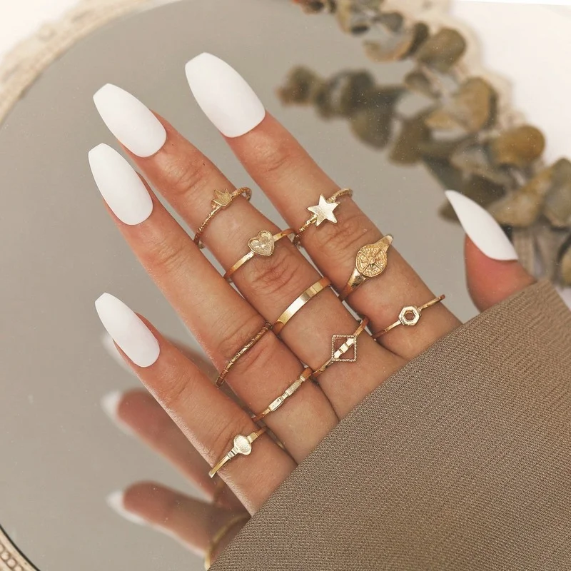 

10pcs Set New Crown Open Five-pointed Star Peach Heart Ring Alloy Open Ring 10 Piece Set Personalized Set Pearl Joint Tail Ring