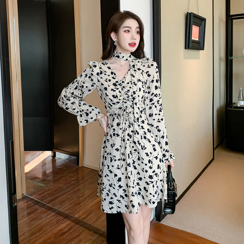 

Floral Printing Chiffon Women's Dress Summer High Street V-Neck Vintage High Waist Loose Female Clothing Korean Style Mini