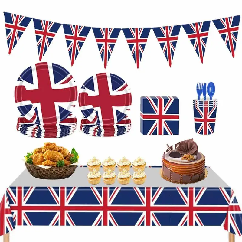 

King Charles III Coronation Party Supplies Union Jack Tableware 114Pcs England Party Decorations Plates Napkins Cups Tableware