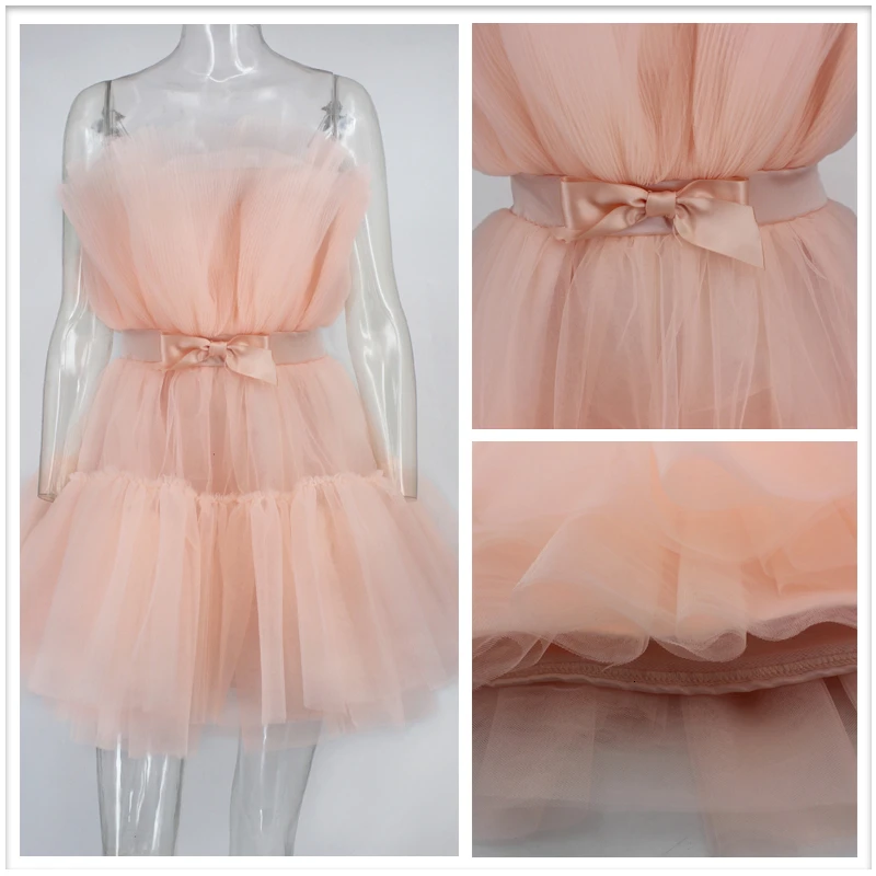 2022 NEW Mesh Dress Women's Sweet Sexy Pink Backless Mini Dress Bow Tie Strapless Female Chic Party Wear Dresses Canonicals