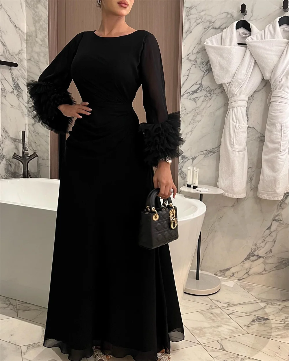 

GORGA Black O Neck Full Sleeve Pleat Ruffles A Line Long Evening Dress Fashion Floor Length Sweep Train Elegant Prom Gown 2023