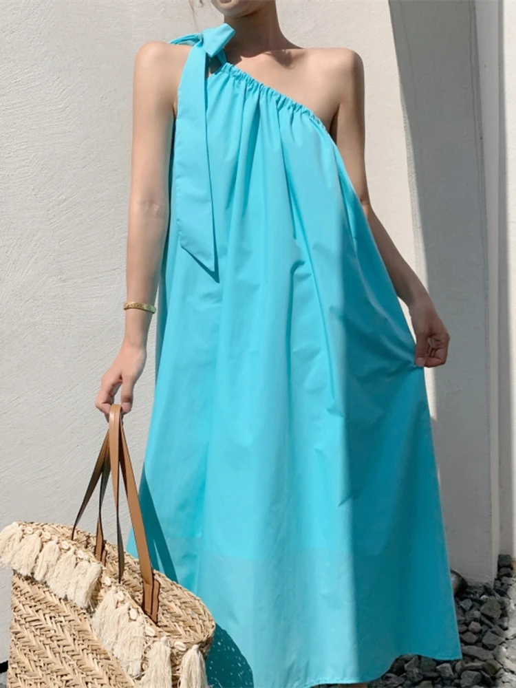 

Summer Women Beach Style Fashion Loose Long Dress Female Casual Blue Sexy Strapless Dress Vestios