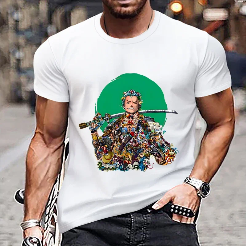 Anime One Piece T-shirt Luffy Zoro Men Cotton Round-neck Sports Casual Loose Cartoon Printing Short-sleeved Tops Clothing