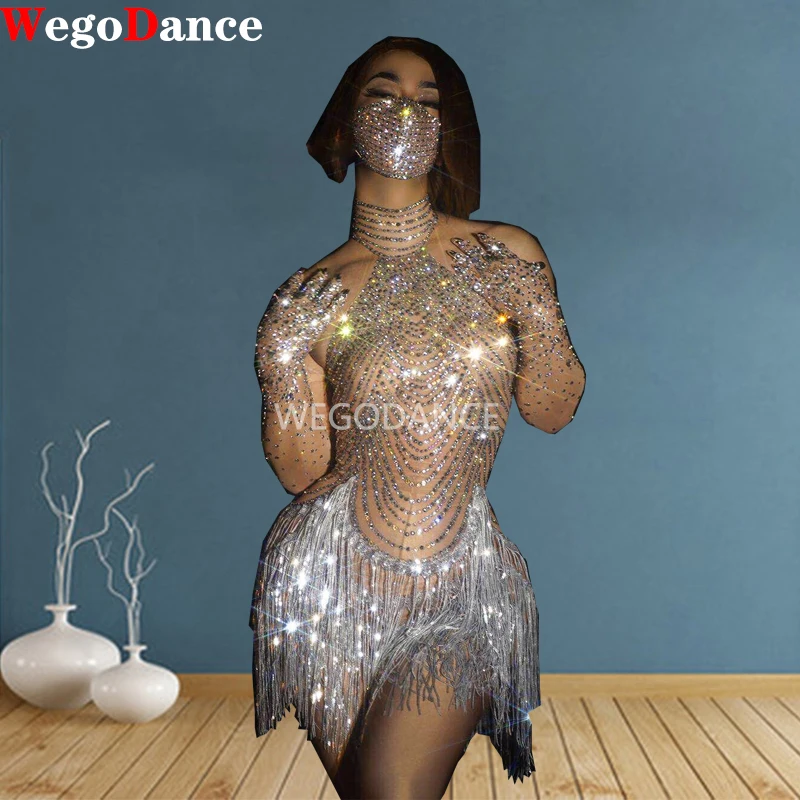 

Sparkly Rhinestone Fringe Transparent Bodysuit for Women Dancer Show Leotard Celebrate Outfit Prom Bar Birthday Costumes