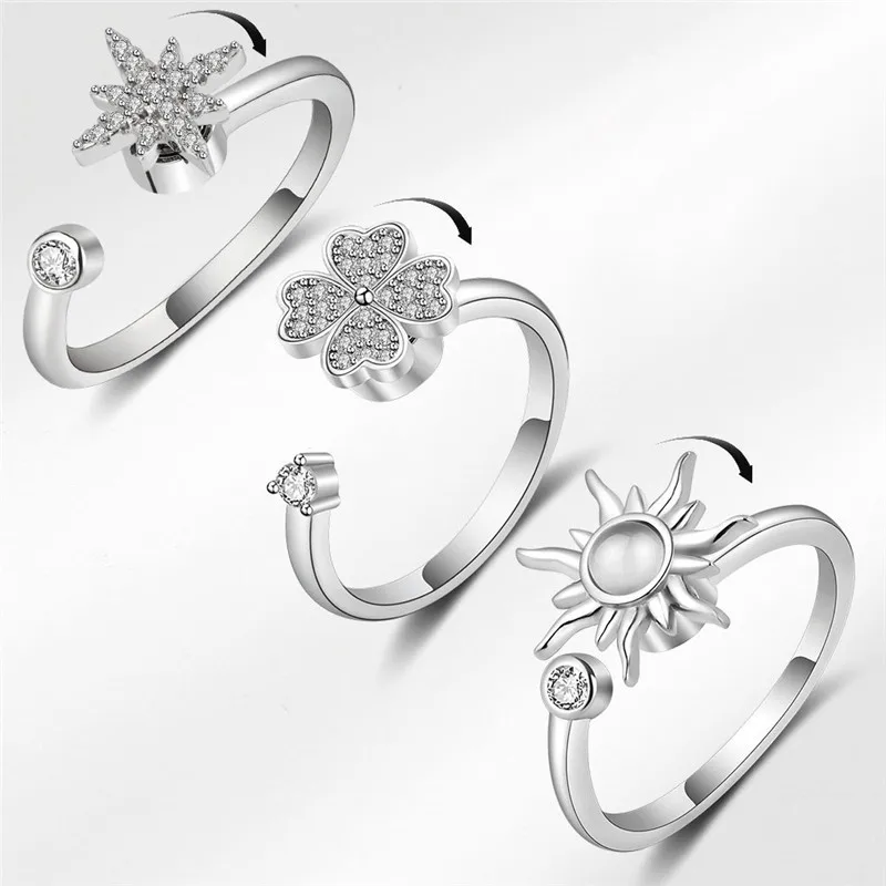 

3 Piece Leaf Anxiety Rotating Rings Sun Face Adjustable Rotating Clover Zircon Rings for Women Wedding Gifts New