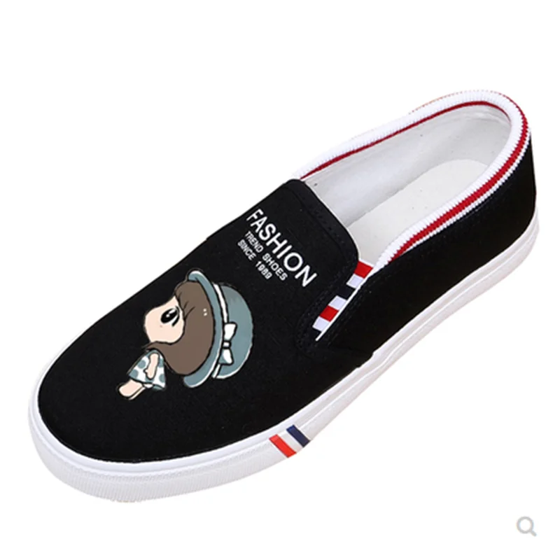 

School Girls Canvas Daily Flats Round Toe Graffiti Cartoon Cute Slip-Ons Breathable Novelty Shoes For Summer Driving Wide Fits 9