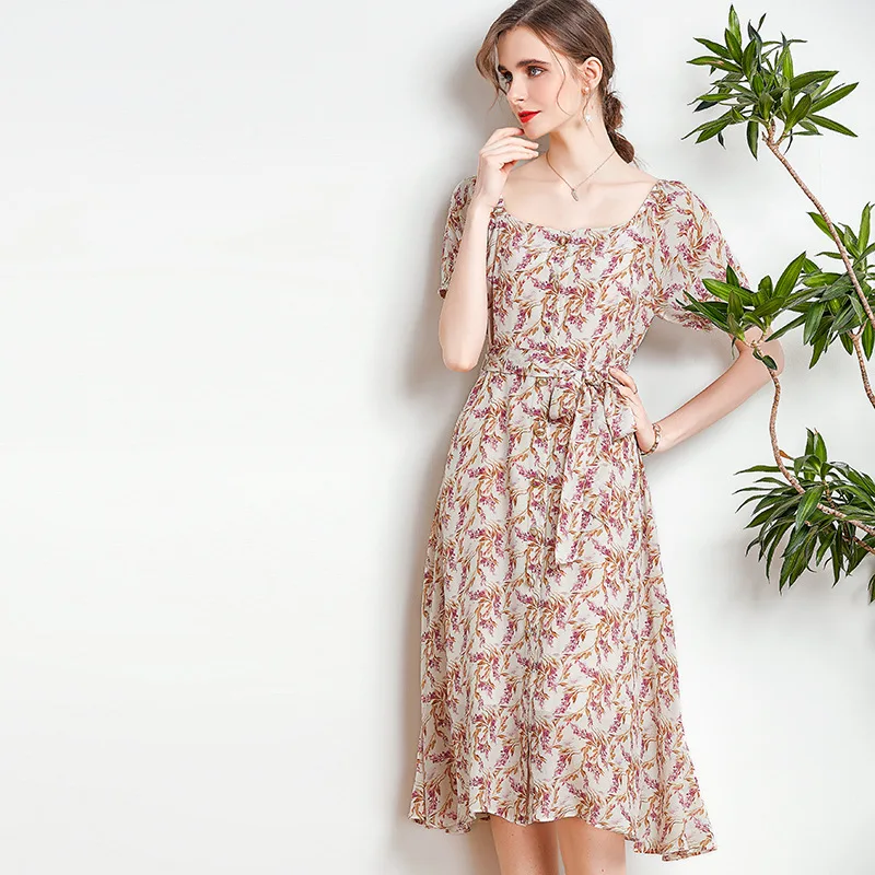 

Mulberry Silk Dress Long Spring And Summer Women New European Station Raglan Lace Up Tall Silk Printed Large Swing Skirt