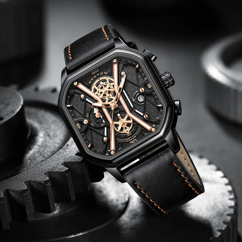 

NEKTOM 2022 Luxury Square Design Dial Man Watch Waterproof Leather Strap Sport Fashion Waterproof Quartz Wristwatch