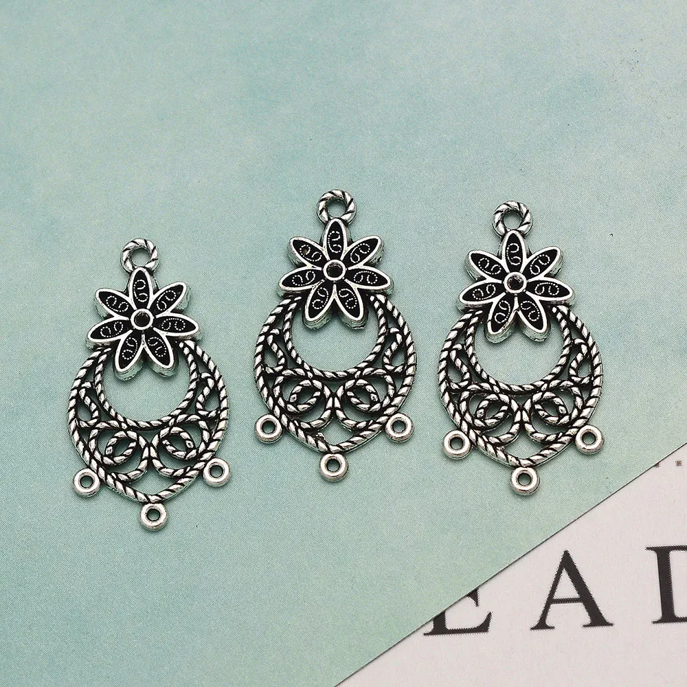 

20pcs/Lots 15x29mm Antique Flower Drop Earring Charms Connector Pendant For DIY Jewelry Making Findings Supplies Accessories
