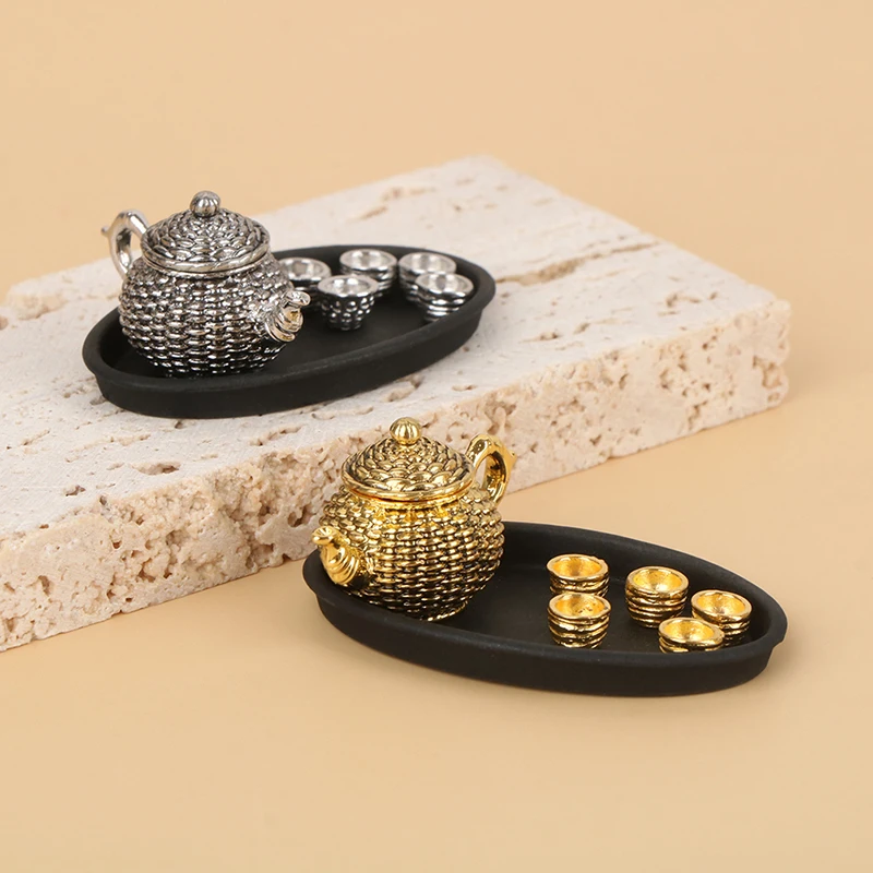 

1 Set Silver Gold MIni Tea Lid Pot Cups Tray Set for 1:12 Scale Dollhouse Restaureant MIniature Furniture Decor Life Scene