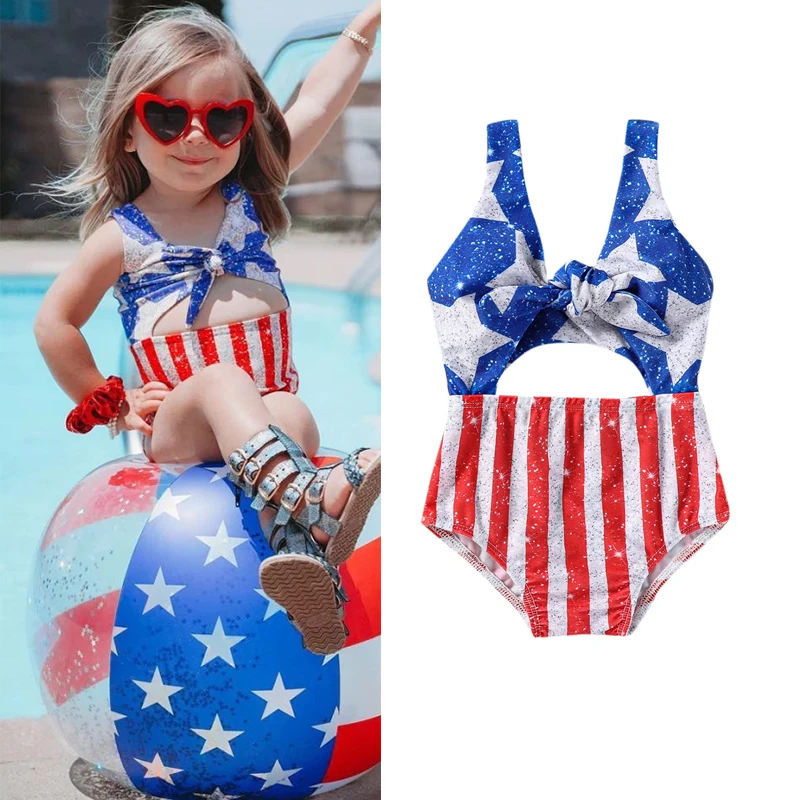 

2pcs Toddler Kid Girl Swimwear 0-4Y Star Striped Sleeveless V Neck Cutout Hollow Out Bikini Beachwear