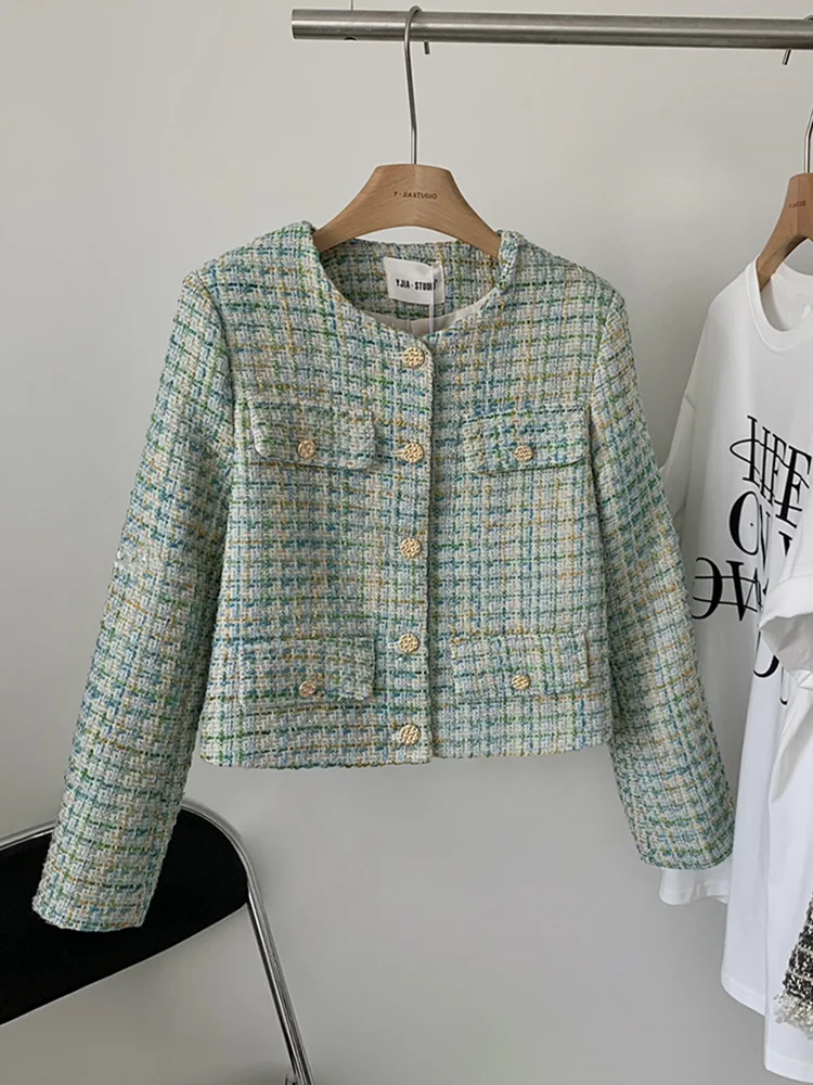 

2023 Vintage Small Fragrance Tweed Jacket High Quality Coat Women's Spring Autumn Casual Fried Street Short Coat Plaid Outwear