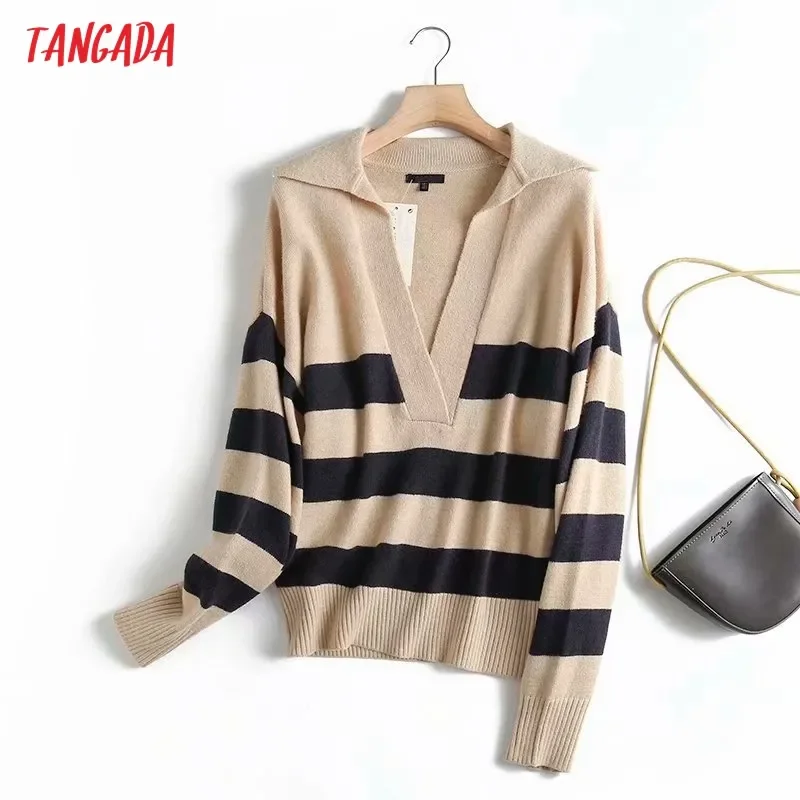 

NEW2023 Tangada Women Fashion Striped Knitted Sweater Jumper Female Elegant Oversize Pullovers Chic Tops 4C175