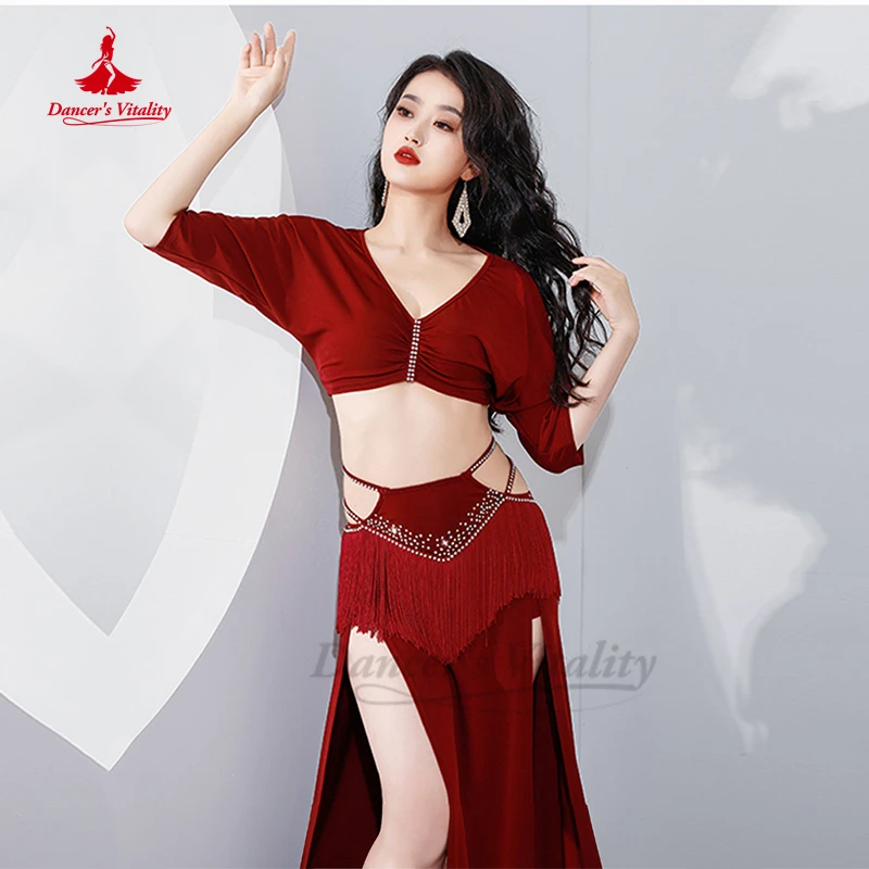 Костюм для танца живота, зимний топ с короткими рукавами + длинная юбка с кисточками, комплект из 2 предметов для женщин, одежда для занятий танцами в восточном стиле