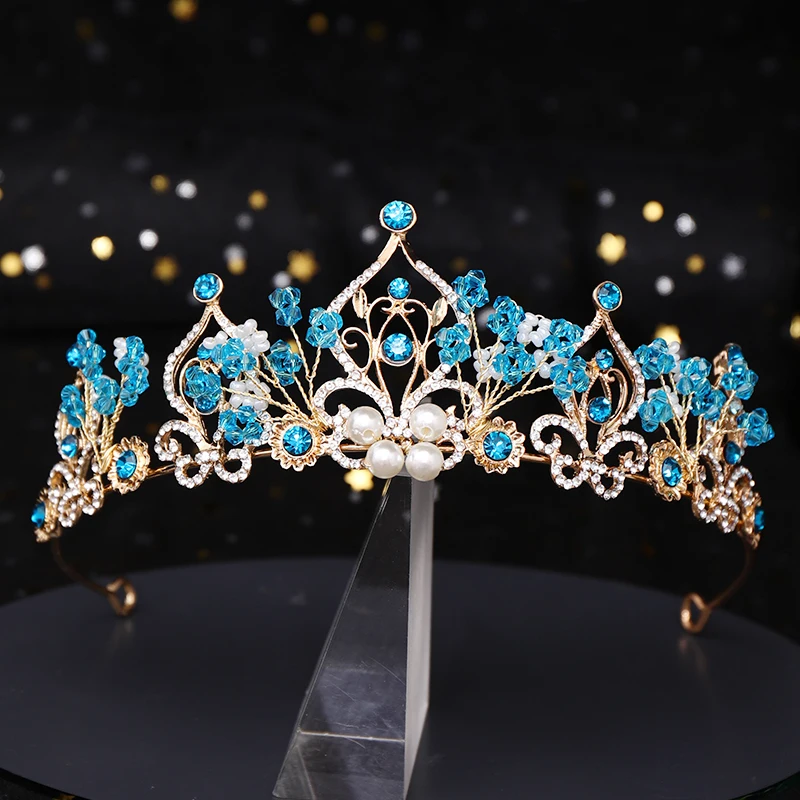 

The New Princess Crown Flower Pearl Blue Crystal Bridal Diadem Wedding tiara Headpiece Hair Jewelry Wedding Hair Accessories