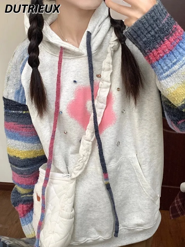 

American Vintage Stripe Knitted Hooded Sweatshirt Women's Spring and Autumn Contrast Color Design Sense Niche Student Pullover