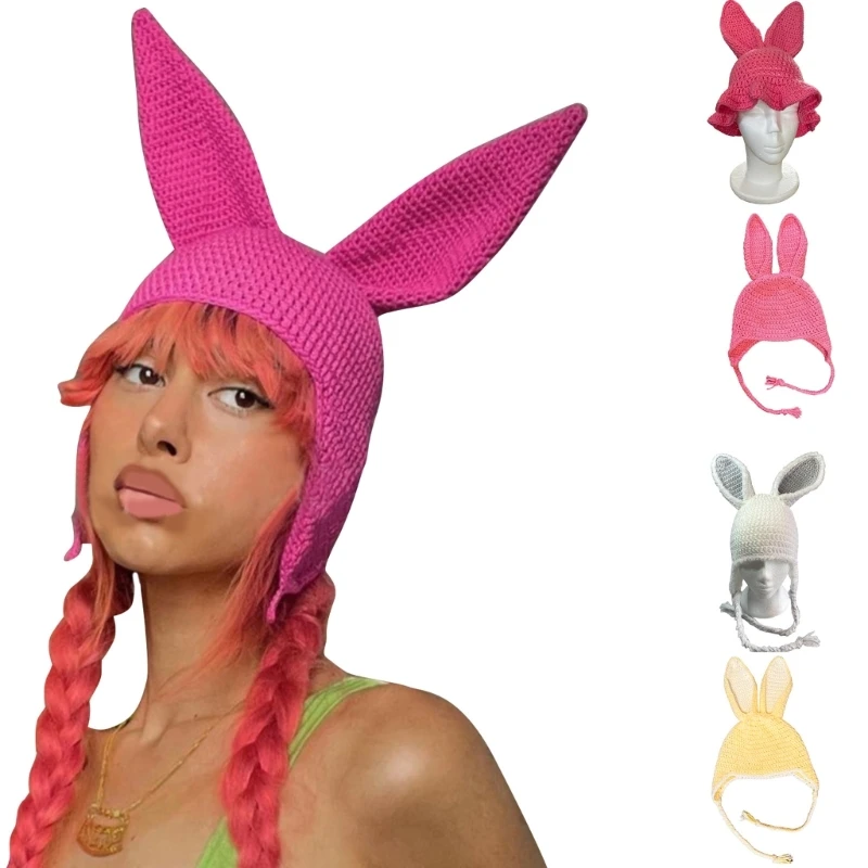 

Winter Warm Cap Knitted Hat with Rabbit Ears Breathable Soft Earflap Beanie Women Headdress Halloween Costume Headgear