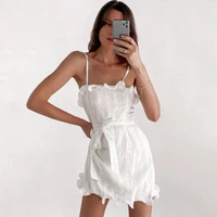 ard sexy embroidery white mini dresses for women 2022 sweet ruffle belt sleeveless vintage lace backlesss spaghetti summer dress