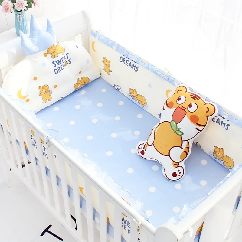 5Pcs Set Newborn Infant Baby Cot Bumpers Organic Cotton Cartoon Print Kids Crib Side Protector Fence Kids Bedding Kit For Bed