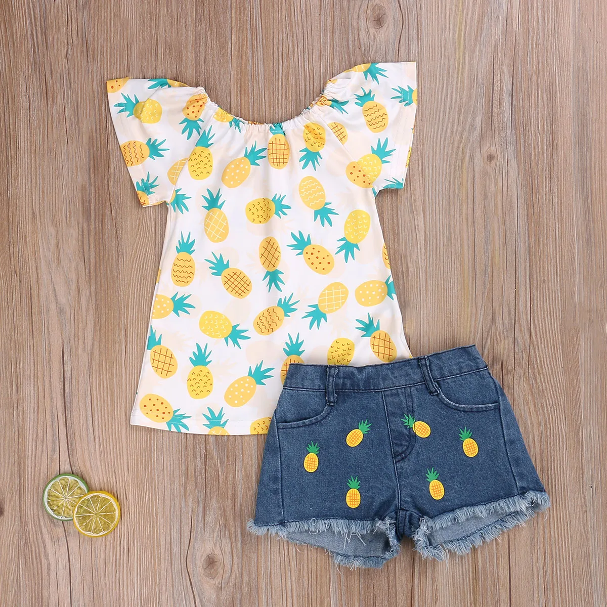 

1-7Y Summer Kids Girls Clothes Sets 2pcs Pineapple Print Ruffles Short Sleeve T Shirts Tops Denim Shorts