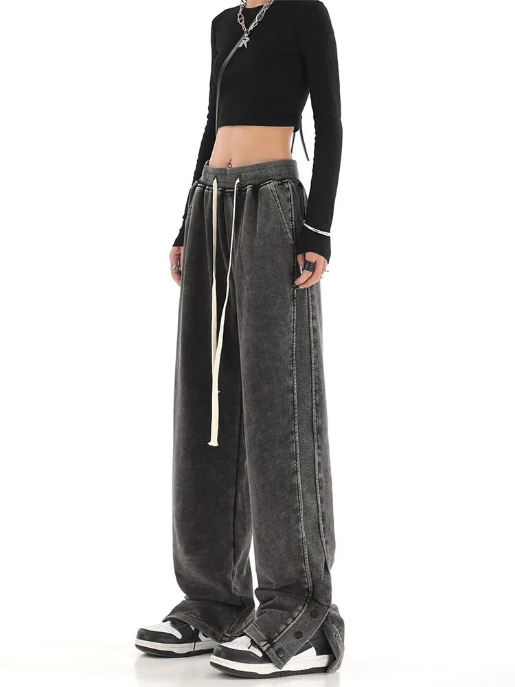 

Fashion Vintage Casual Grey Drawstring Sweatpants Straight Joggers Streetwear Loose High Waist Wide Leg Pants Women Clothes 2022