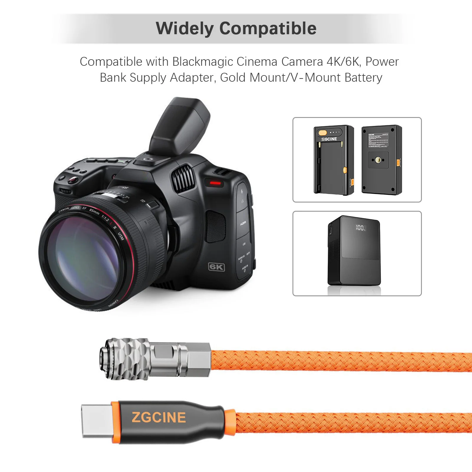 Кабель питания длиной 60 см с плетеным проводом для Blackmagic Pocket Camera 4K/6K и V-mount