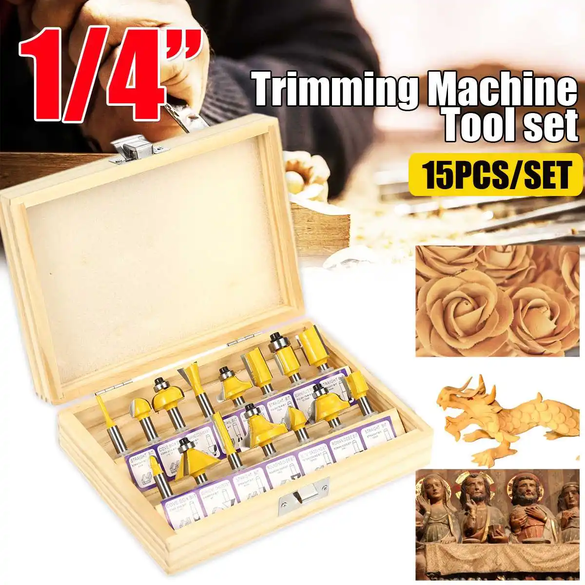 

15PCS/Set Woodworking Milling Cutters 1/4''/6.35mm Shank Carbide Router Bit For Wood Cutter Engraving Cutting Tools