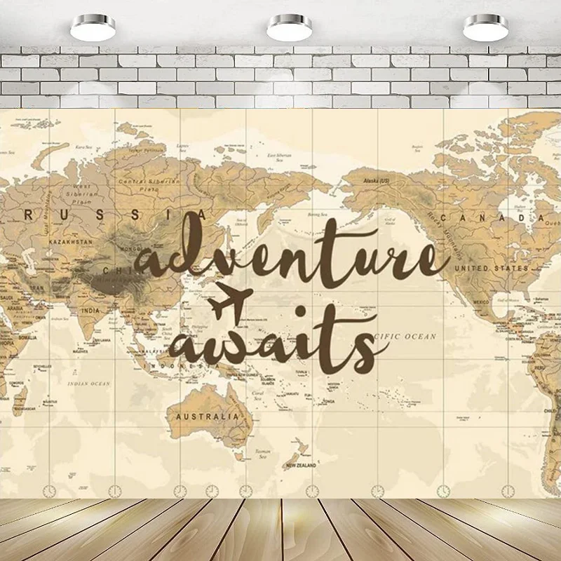 

Adventure Awaits Retro World Map Dessert Table Happy Birthday Party Photography Backdrop Background Banner Decoration