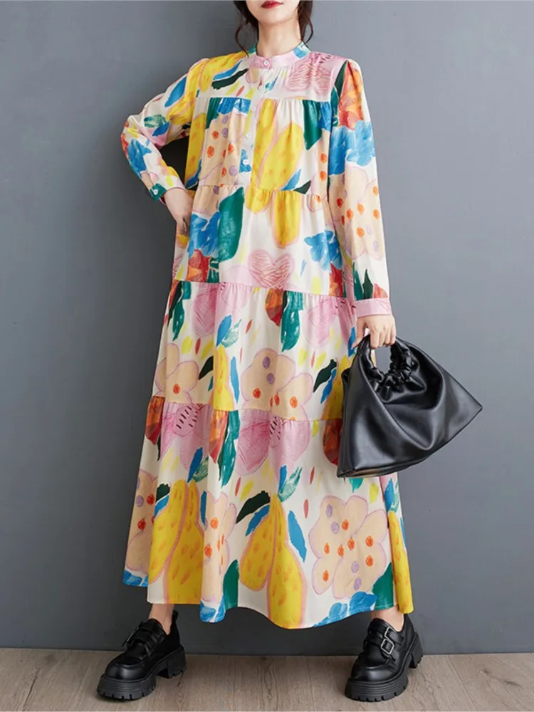 Женское плиссированное платье-трапеция с длинным рукавом свободного покроя