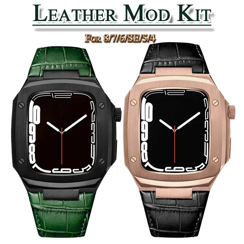 

Leather Refit Mod Kit Bezel Case Band for Apple Watch Series 8 7 45mm 6 5 4 SE 44mm Modification Kit Metal Steel Band for IWatch