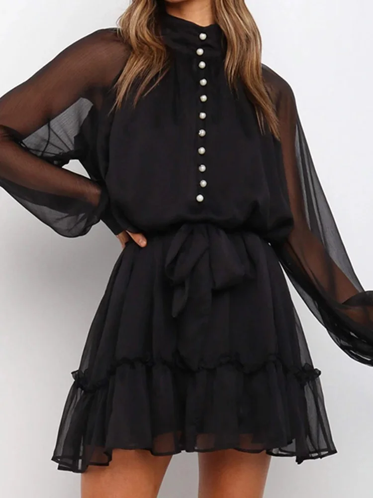 

Элегантное кружевное шифоновое платье с высоким воротником, женское сексуальное Сетчатое мини-платье с длинным рукавом, весеннее модное же...