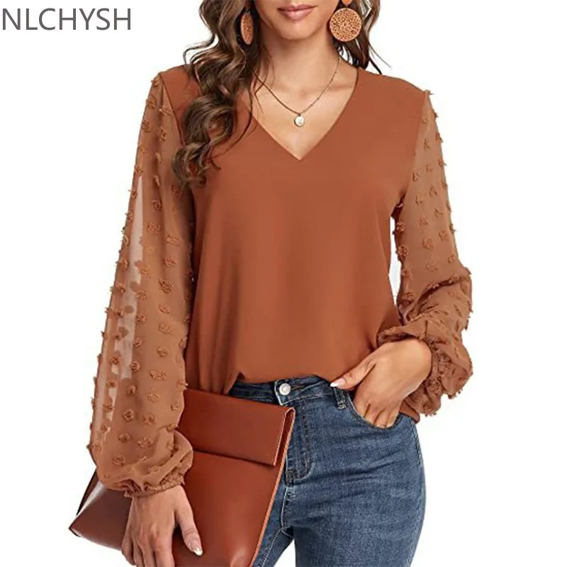 

Solid Women Blouse 2022 Spring Fashion V Neck Long Sleeve Elegant Office Work Shirts Tops Lady Plus Size Casual Chiffon Blouses