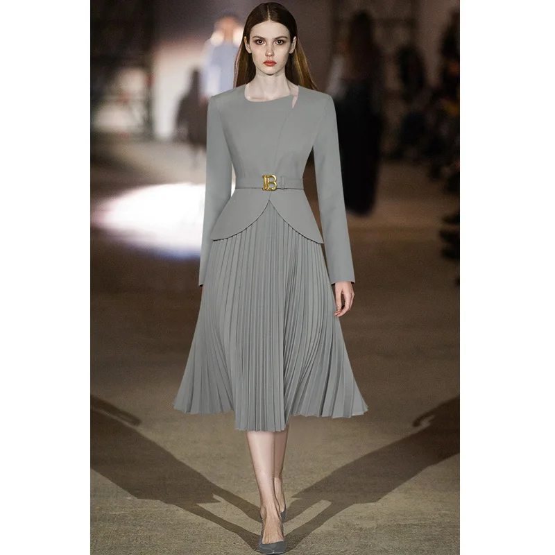 

Janeyiren fashion catwalk Spring Dress Women long sleeve belted patchwork casual gray pleated dress