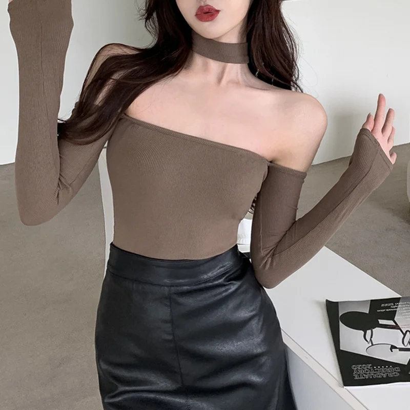 Женский укороченный топ с лямкой на шее Y2k привлекательная короткая футболка