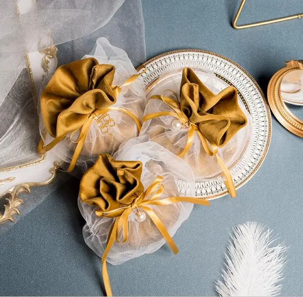 

20 шт Элегантный фланелет Желтый Тюль Свадебные сувениры конфеты сумки конфеты коробки Саше вечерние поставки шоколадный Подарочный мешоче...